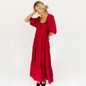 Zoco Red Tiered Puff Sleeve Flowy Dress